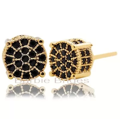 Micro Pave 18K Gold Plated Black Cubic Zirconia Men Women Cluster Stud Earrings • $10.95