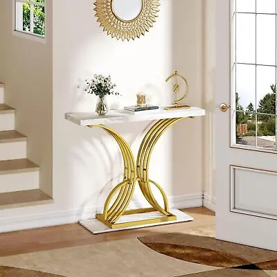 Faux White Marble Console Table Wooden Top Gold Metal C Shaped Legs Entryway • £106.98