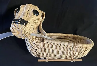 Rare Unique Vintage Woven Wicker Puppy Dog Shaped Basket  Open Back Button Eyes • $19.99