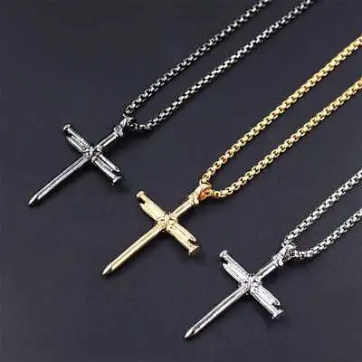 Mens Nail Cross Pendant Necklace Chain Gold/Silver/Black Stainless Steel Christ • $5.51