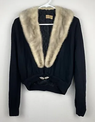 Vintage 1950s Jean Atkins 100% Cashmere Sz Small? Black Mink Fur Collar Cardigan • $59.95