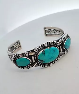 Vintage Navajo Old Pawn Sterling Silver Turquoise Cuff Bracelet • $83