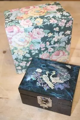 Lacquered Small / Travel Jewelry Box W/ Mother Of Pearl Peacocks & Mirror New! • $50