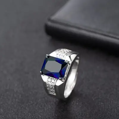 Mens Large Silver Shiny Diamond Emerald Green Blue Gemstone Bling Icy Ring Uk • £6.99