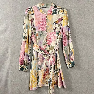 Zara Dress Women’s XL Parrot Tropical Floral Button Up Linen Blend Belted • $37.70