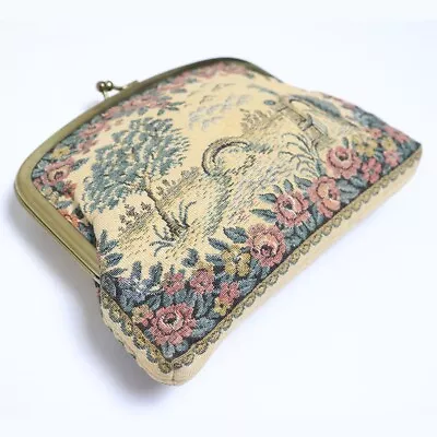 Vintage Victorian Floral Tapestry Kiss Clasp Clutch Belt Bag Satin Lining • $8.99