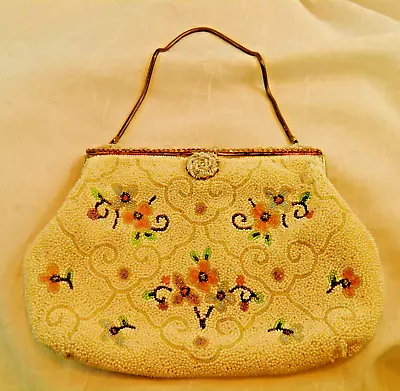 Vintage Handmade In France Micro Beaded Purse Bag Flowered Great Craft Work! • $37.95