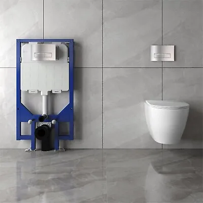 Round Wall Hung Toilet UF Slim Soft Close Seat 1.14M Concealed Cistern Frame Set • £249.74