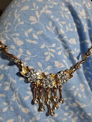 Miriam Haskell Style Vintage Unsigned Rhinestone Necklace Gold Leaf • $48