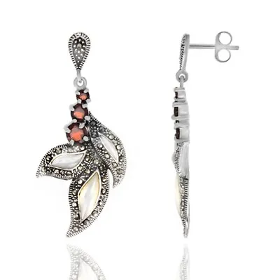 1 1/3 Ct Mother Of Pearl Marcasite & Garnet Dangle Earrings Sterling Silver • $373