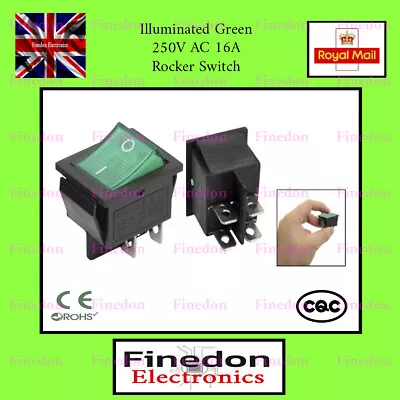 Rocker Switch 16A 240V 20A 125V Green ON-OFF Double Pole 4 Pin ILLUMINATED • £3.04