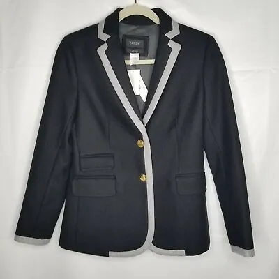 NWT J. Crew Navy Blue Gray Trimmed Wool Hacking Blazer Size 2 Gold Buttons New • $150