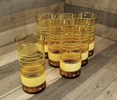 Vintage Drinking Glasses Libbey Amber Yellow Rings Stripes Tumblers Sunshine 7pc • $28.80