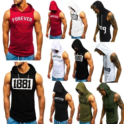 Men Fitness Muscle Print Sleeveless Hooded Bodybuilding Pocket Tight-drying Tops • $16.41