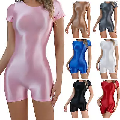 Women's Shiny Wetlook Satin Catsuit Short Sleeve Leotard Short Bodysuit Jumpsuit • £15.11