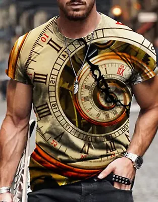 Men T-Shirt Fashion Short Sleeve Golden Clock Watch Gold Tee T Shirt Classic Fit • $19.86