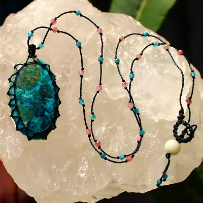 Handmade Natural Azurite Shattuckite Boho Micro Macrame Healing Crystal Necklace • $14.95