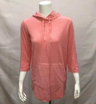 AnyBody Women's Ribbed Baby Terry Hooded Tunic Top Melon Pink XX-Small Size QVC • $10