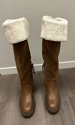 Zara Women Leather Suede Boots Knee High Brown Size 6 Bohemian Flat Side Zip • $28.88