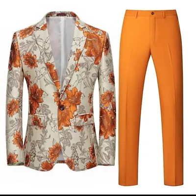 Men Floral 2Pcs Dinner Suits One Button Blazer Coat Pants Prom Dress Suits Sets • £87.20