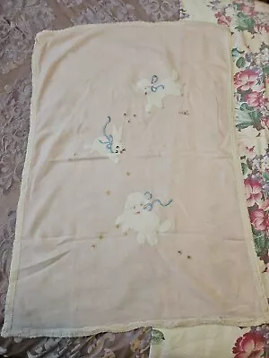 Vintage Pink Flannel Appliqued Baby Blanket 26x35 Lamb Bunny Embroidered  • $9.95