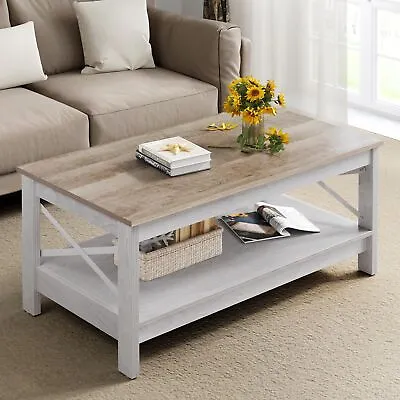 39  Farmhouse Wood Coffee Table Rectangular With Storage Rustic For Living Room • $68.99