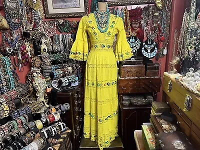 Vintage Oaxacan Mexican Yellow Multi Colored Hand Embroidered Crochet Dress S/M • $250