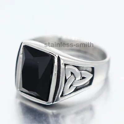 Mens Celtic Trinity Knot Triquetra Natural Black Obsidian Stone Ring Size 7-15 • $18.99