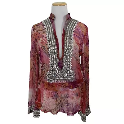 Monique Leshman Beaded Tunic Top Womens M Floral Embellished Trim Beach Pink • $38.99