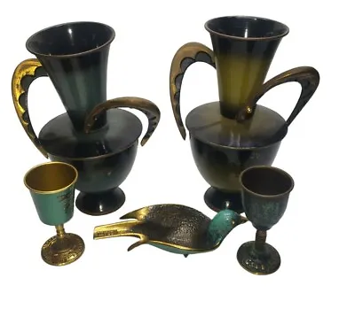Vintage Lot Brass Judaica Israel Kiddish Cups Bird Shape Ashtray Vase Decanter • $59.99