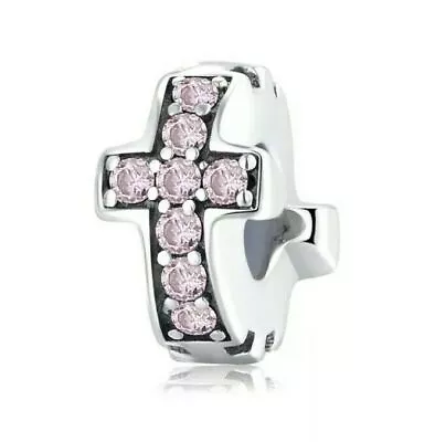 💖 Cross Charm Religious Stopper Spacer Pink 925 Sterling Silver  • £14.95
