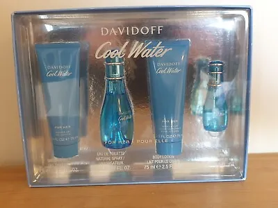 Davidoff Cool Water Woman 50ml & 15ml EDT 75ml Shower Gel 75ml Body Lotion NEW • £30.95