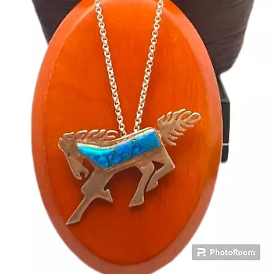 Zuni Opal Inlay Sterling Silver Mustang Horse Pin Broch Necklace  • $95