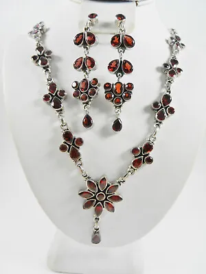 Vintage Sterling Silver Dangle Garnet Flower Necklace Pierced Earrings Set 17.5  • $174.60