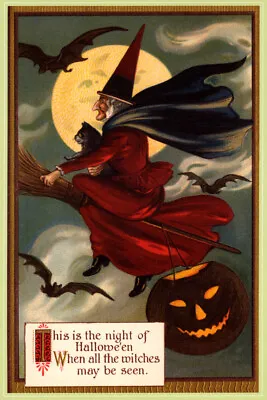 Night Of Halloween Witch Flying Broom Full Moon Vintage Poster Repro FREE S/H • $17.90