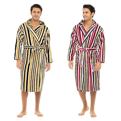 Men’s Luxury Robes 100% Terry Cotton Hooded Bathrobe Multi Color Striped Spa • $35.14