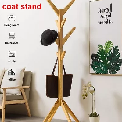 Wooden Coat Stand Hat Umbrella Floor Standing Rack Tree Clothes Hangers 8 Hook • £15.29