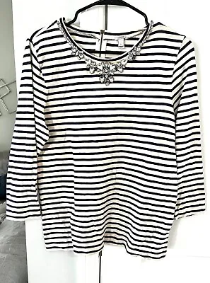 J Crew Jewel Embellished Navy And Ivory  Striped Shirt Top Sized L 3/4 Sleeves • $25