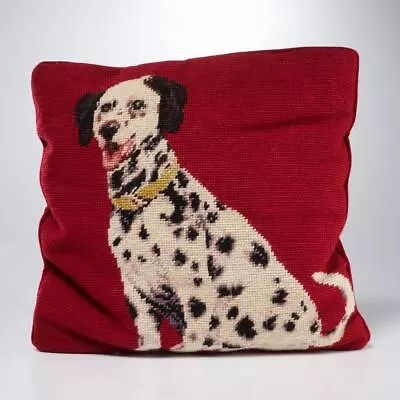 Needlepoint Wool Dalmatian Dog Throw Pillow Square Red Background 13  VTG • $60