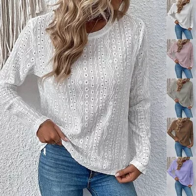 UK Women Tops Hollow Blouse Long Sleeve Solid Lace Casual Shirt Ladies T Shirt • £8.99