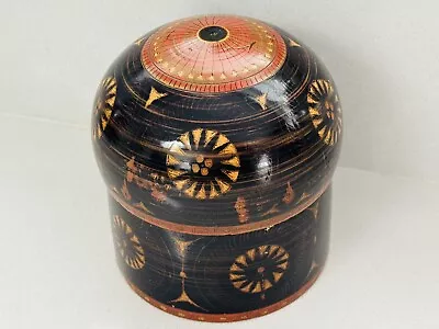 Unusual Antique Wooden Treen Astrological Style Lacquered Storage Pot Container • £9.95