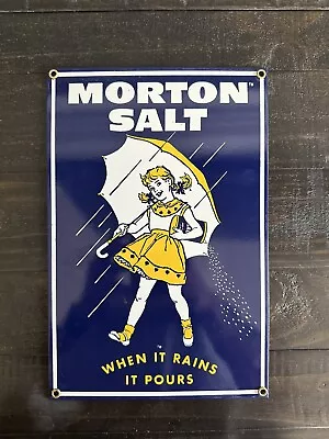 MORTON SALT Porcelain Enamel Ande Rooney  WHEN IT RAINS IT POURS  Vintage Sign • $25