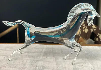 £29.99 • Buy Vintage Murano Clear Art Glass Horse With Blue Stripe. Stunning. VGC.