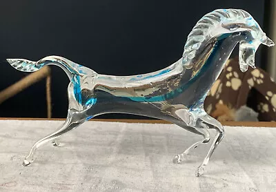 Vintage Murano Clear Art Glass Horse With Blue Stripe. Stunning. VGC. • £29.99