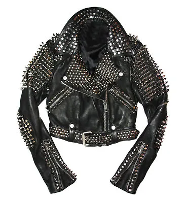 $299.99 • Buy Men Silver Studded Leather Men Motorcycle Black Rock Punk Studded Leather Jacket