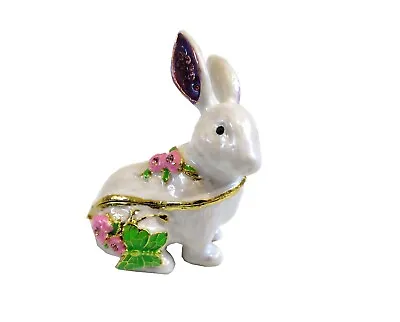$19.99 • Buy Bejeweled  White Rabbit Bunny   Hinged Metal Enameled Rhinestone Trinket Box