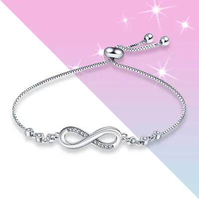 UK Infinity 925 Sterling Silver Cubic Zirconia Bracelet For Women Girls Birthday • £5.99