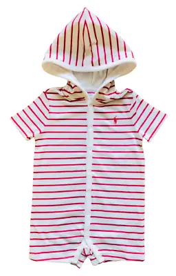 RALPH LAUREN Baby Boys White & Red Striped Hooded Romper BNWOT 9 Months • £7.50