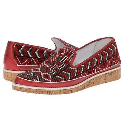 Donald J Pliner Bray Beaded Aztec Tribal Prints Leather Loafers Size 7.5 M Red • $47.99