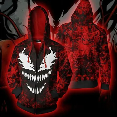 Men's Casual Venom 3D Print Red Hoodie Full-Zip Sweatshirt Jacket Cosplay Coat • $21.01